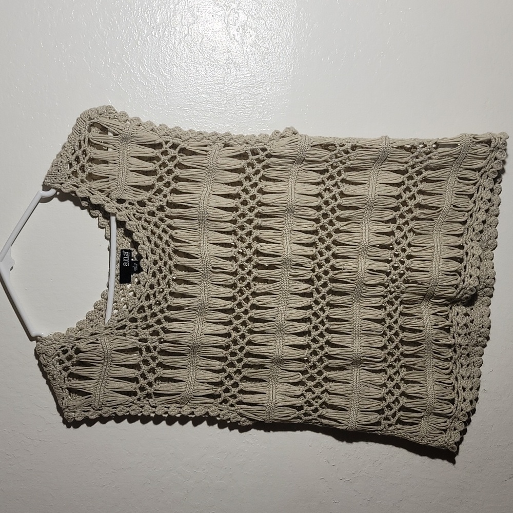 A.N.A. A New Approach Boho Crochet Tank Vest Blouse Beige Tan sz L GUC